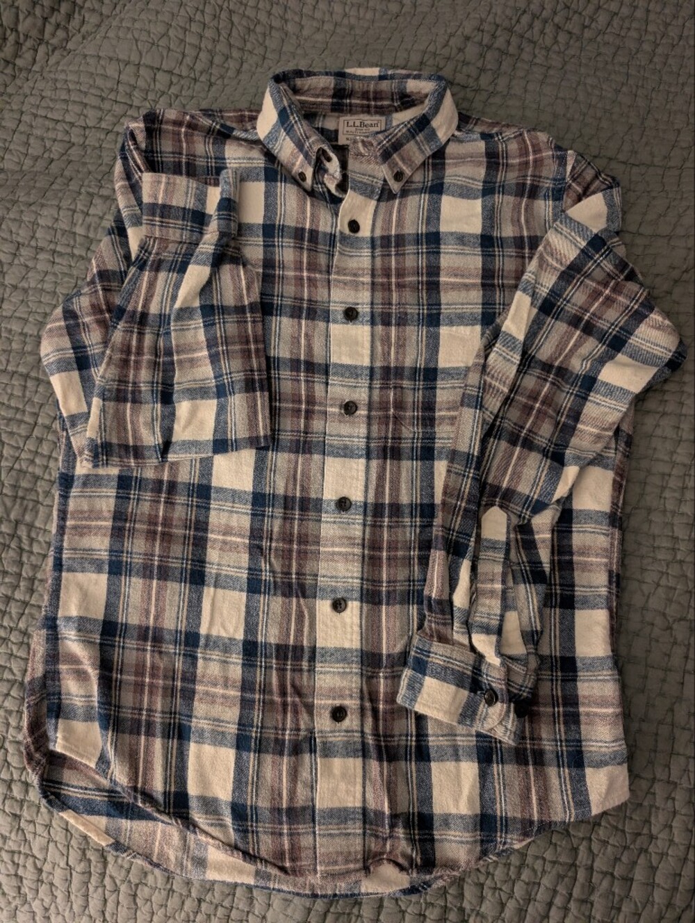 L.L. Bean Men's Slightly Fitted Plaid Flannel Shirt in Cream, Blue and Brown
